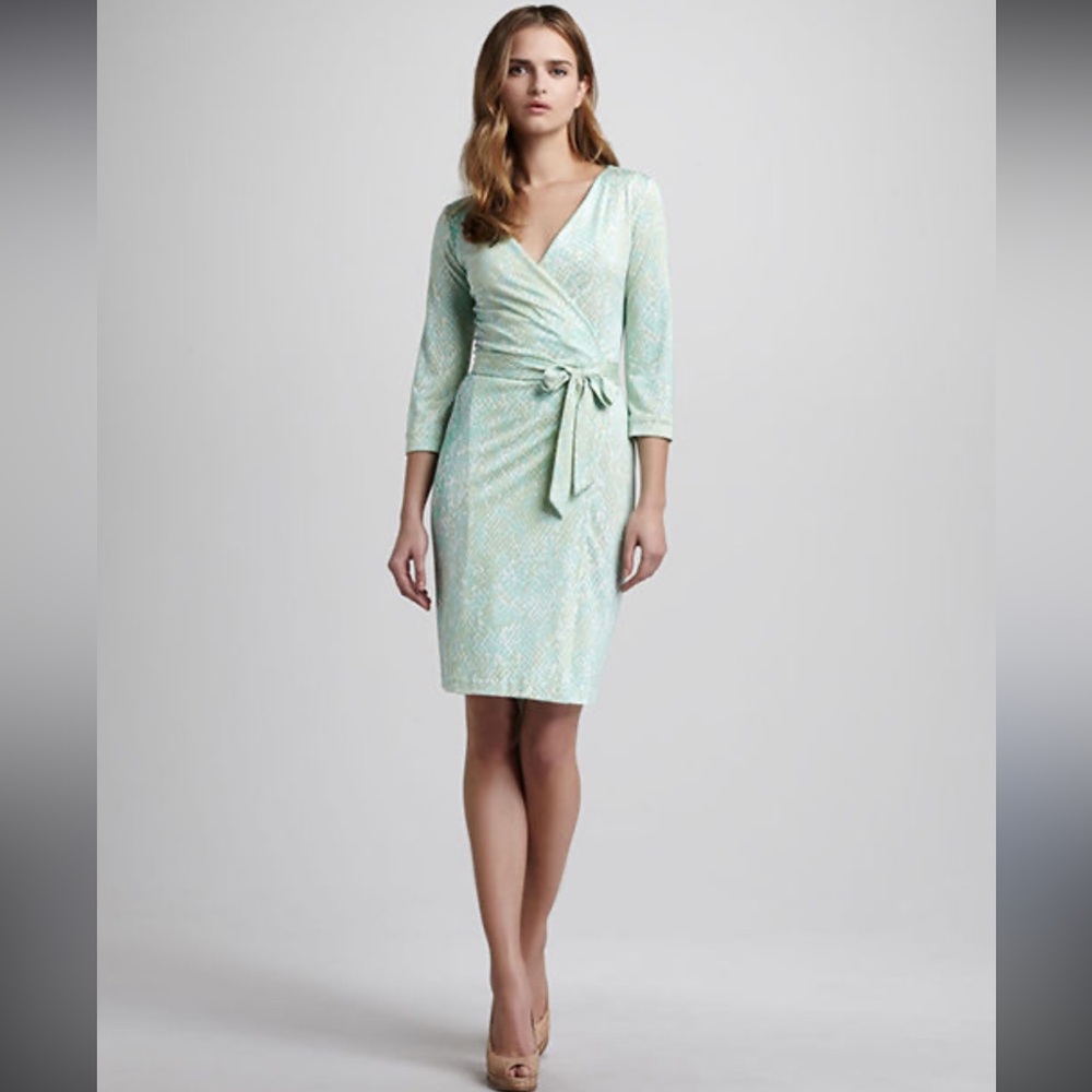 DVF Diane Von Furstenberg Julian Two Wrap Dress Silk Snake Print Green Dress